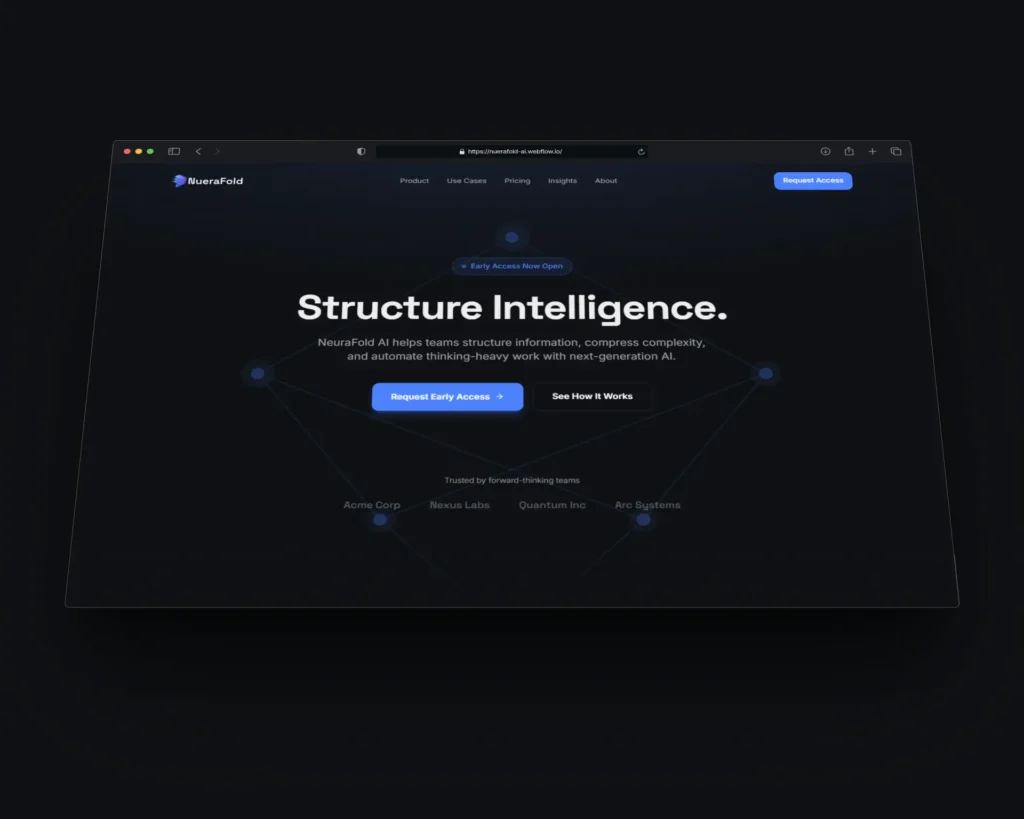 Perspective mockup of the NueraFold AI SaaS landing page displayed in a floating browser window with a dark interface, bold "Structure Intelligence" headline, blue call-to-action buttons, and futuristic network graphics on a black background.
