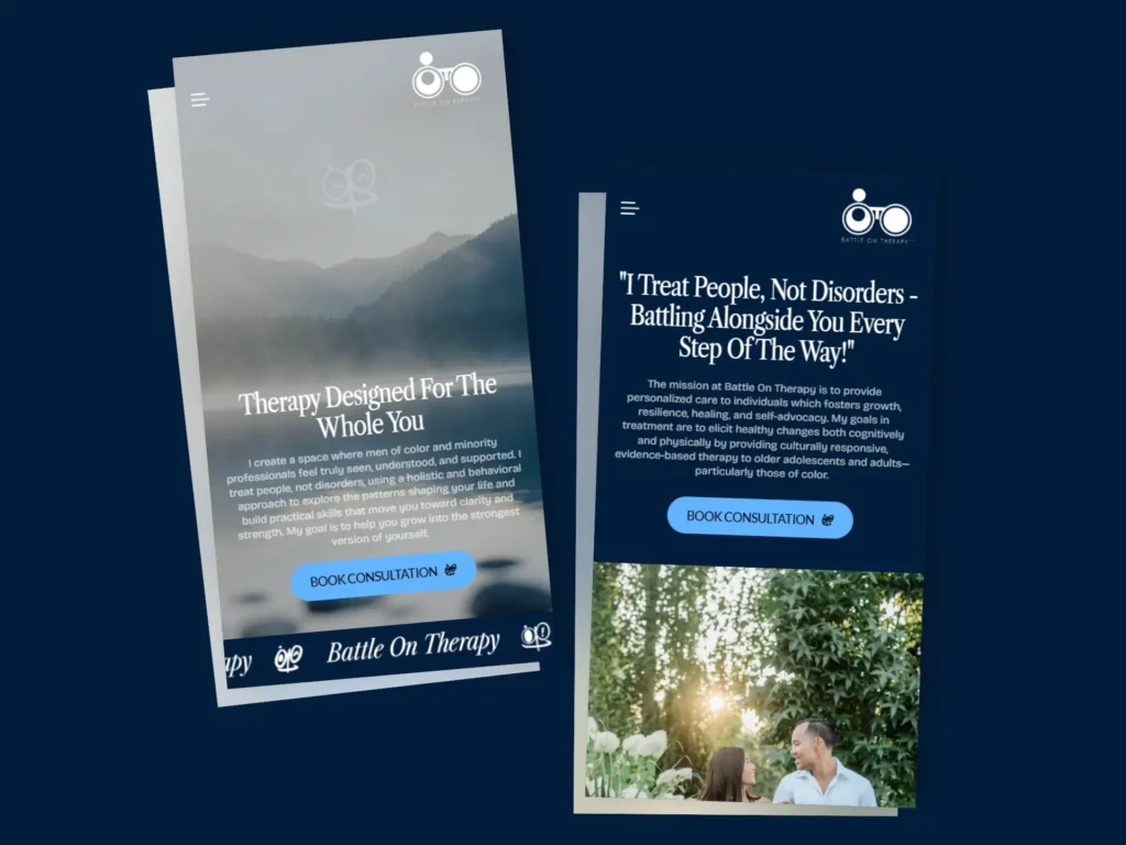 Responsive mockup of the Battle On Therapy website featuring desktop and mobile layouts with calming nature imagery, mental health messaging, consultation call-to-action buttons, and a modern, user-friendly therapy website design.