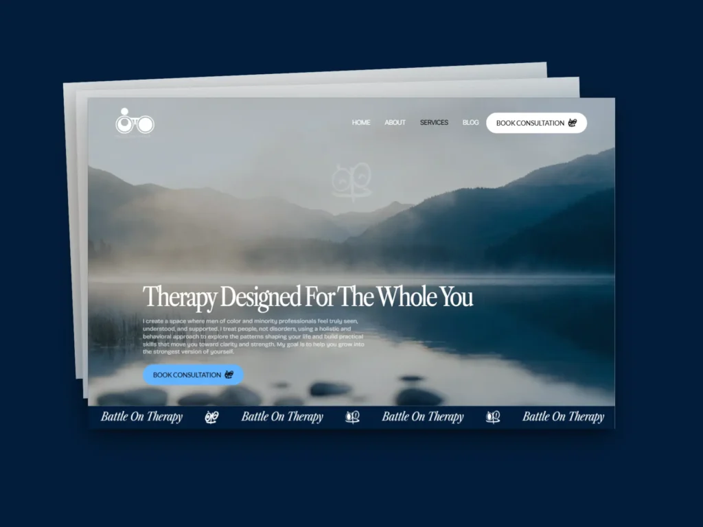 Layered website mockup displaying the Battle On Therapy service page with a tranquil mountain lake background, "Therapy Designed For The Whole You" headline, consultation call-to-action, and a clean wellness-focused web design.