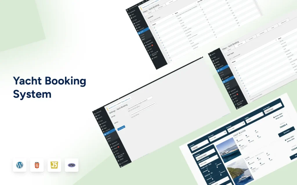 Custom yacht booking system developed with WordPress, PHP, JavaScript, and HTML, featuring advanced search filters, booking management, availability calendars, and responsive web application interfaces.