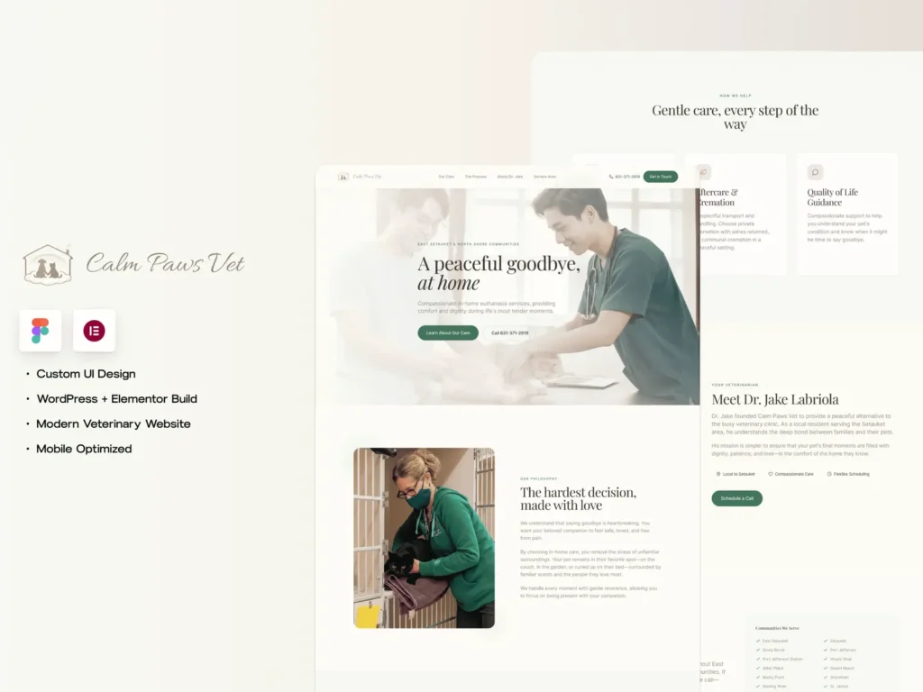 Calm Paws Vet veterinary website designed in Figma and developed with WordPress and Elementor, featuring a responsive, compassionate, and mobile-friendly user experience for pet healthcare services.