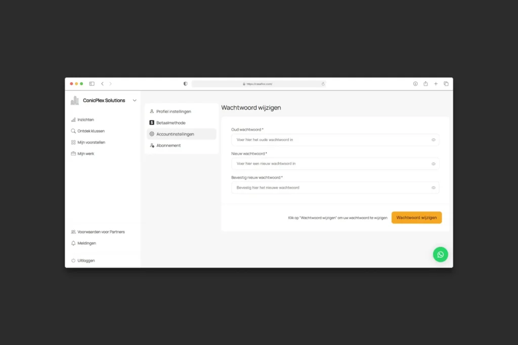 CasaFixx partner account settings page for changing passwords and managing account security preferences.