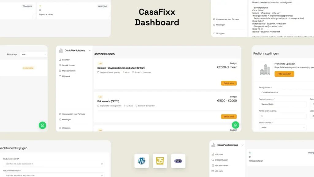 CasaFixx custom web application dashboard developed with WordPress, PHP, and JavaScript, featuring project management, user profiles, job listings, and responsive admin interfaces.