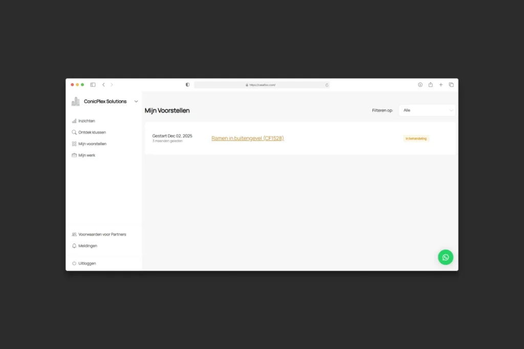 CasaFixx partner dashboard displaying submitted job proposals with project status tracking and filtering options.