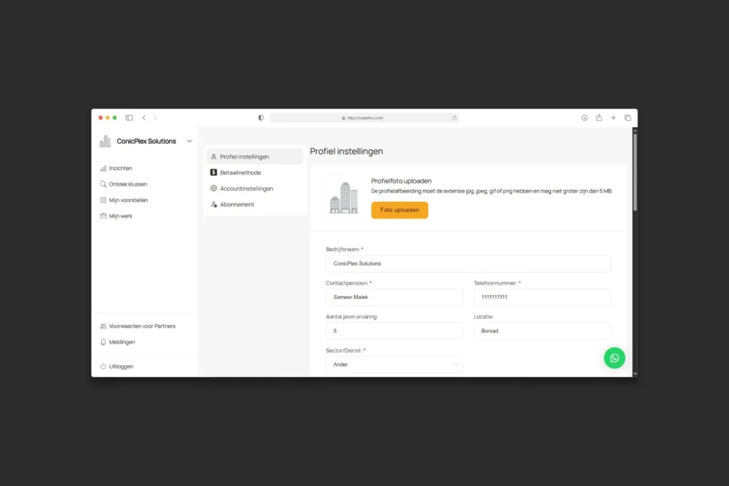 CasaFixx partner dashboard profile settings page for updating company information, contact details, and business profile.