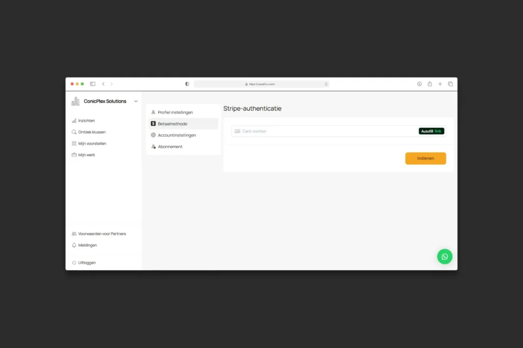 CasaFixx partner dashboard Stripe payment authentication page for securely adding and managing payment methods.