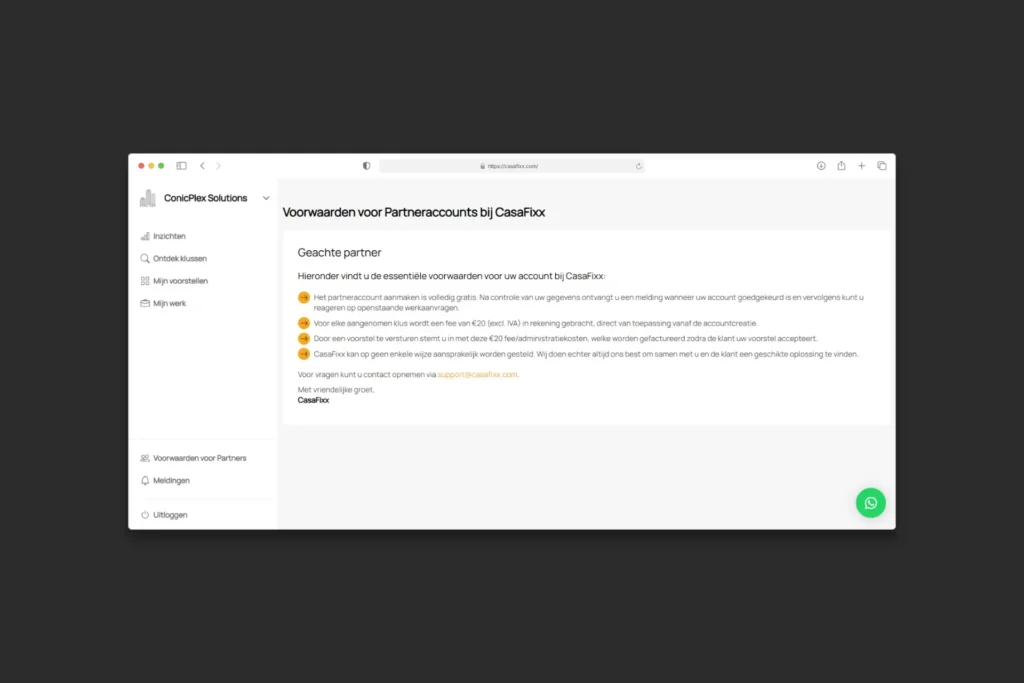 CasaFixx partner dashboard displaying account terms, conditions, and platform guidelines for registered professionals.