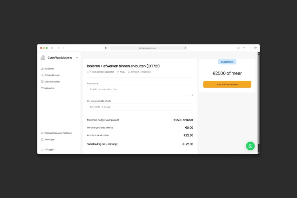 CasaFixx partner dashboard project proposal page for submitting quotes, pricing, and service offers to clients.
