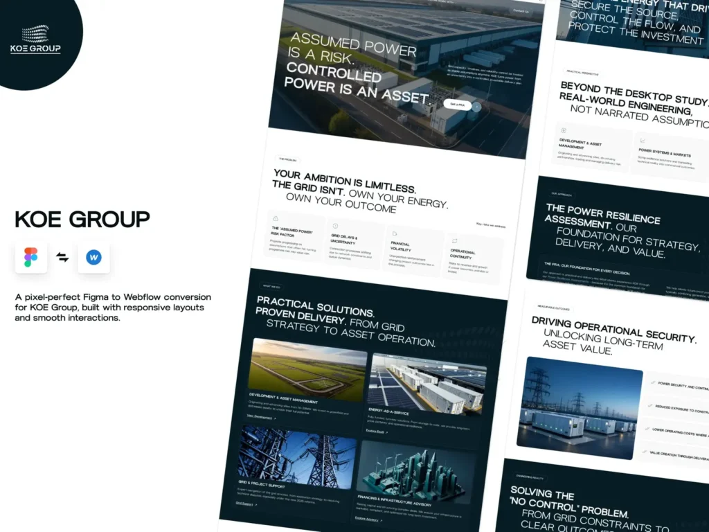 KOE Group corporate website developed in Webflow from a Figma design, featuring responsive layouts, CMS integration, and a modern user interface for the energy infrastructure industry.