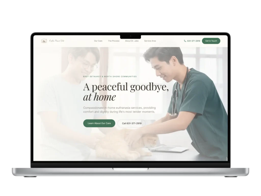 Laptop mockup showcasing the Calm Paws Vet website homepage for compassionate in-home pet euthanasia services.