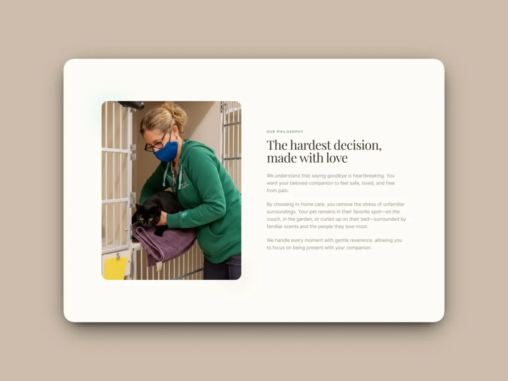 Calm Paws Vet website philosophy section highlighting compassionate in-home pet end-of-life care with veterinary support.