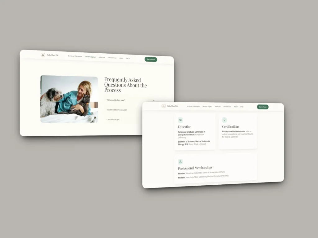 Website mockup displaying the Calm Paws Vet FAQ and veterinarian credentials pages in a modern responsive design.