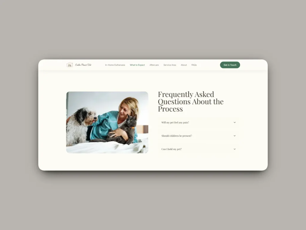 Calm Paws Vet website FAQ section featuring common questions about the in-home pet euthanasia process.