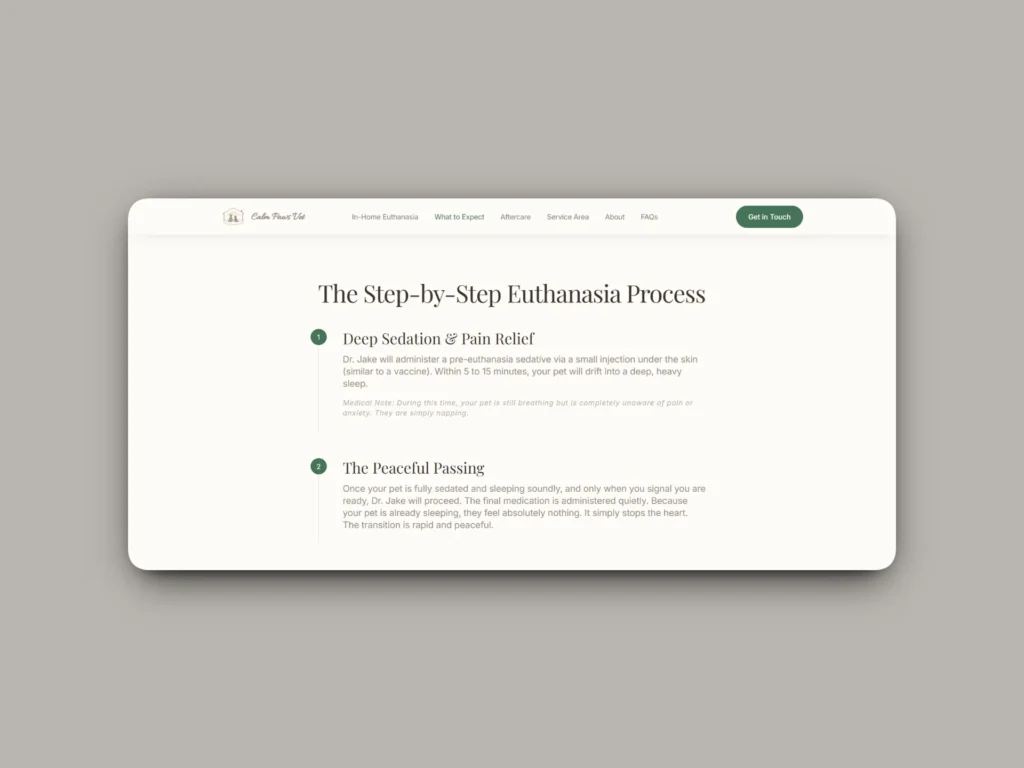 Calm Paws Vet website explaining the step-by-step in-home pet euthanasia process with sedation and peaceful passing information.