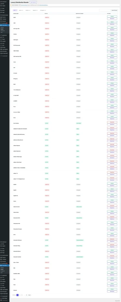 Luxury Distribution Sync brand mapping dashboard for managing supplier brands, WooCommerce mappings, and synchronization status.
