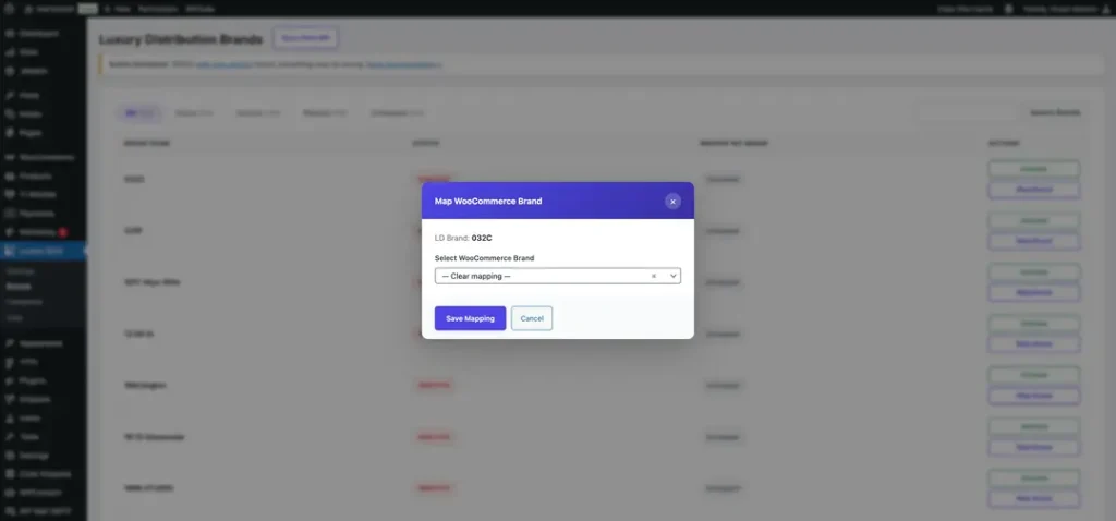 WooCommerce luxury brand mapping popup for linking supplier brands with WooCommerce brand taxonomy.