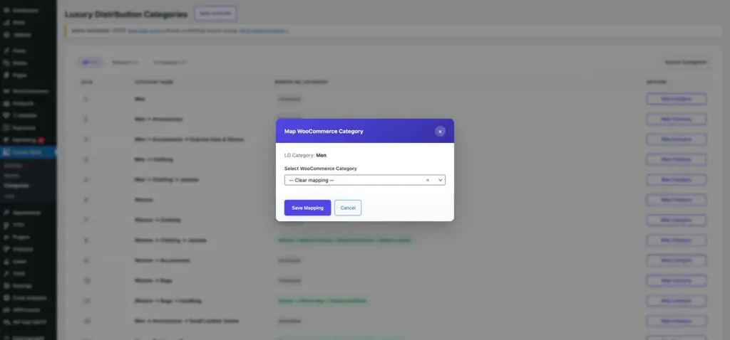 WooCommerce category mapping popup for assigning supplier categories to WooCommerce product categories.