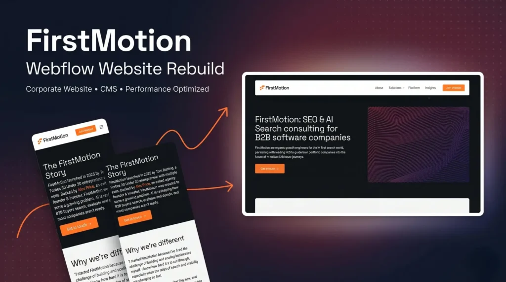 FirstMotion corporate website rebuilt in Webflow featuring a responsive CMS-powered website with performance optimization across desktop and mobile devices.