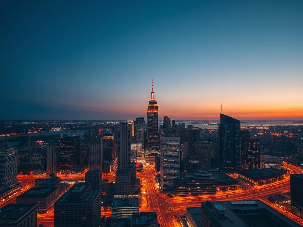 Modern city skyline at sunset with illuminated financial district buildings symbolizing investment growth, business expansion, finance, and economic opportunity.
