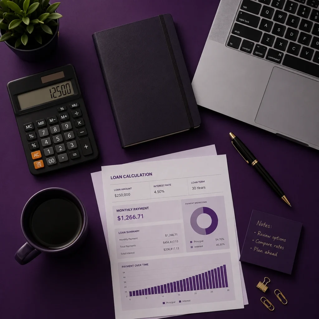 Minimal premium workspace with loan calculator documents, calculator, laptop, notebook, coffee cup, and financial planning tools on a deep purple background.