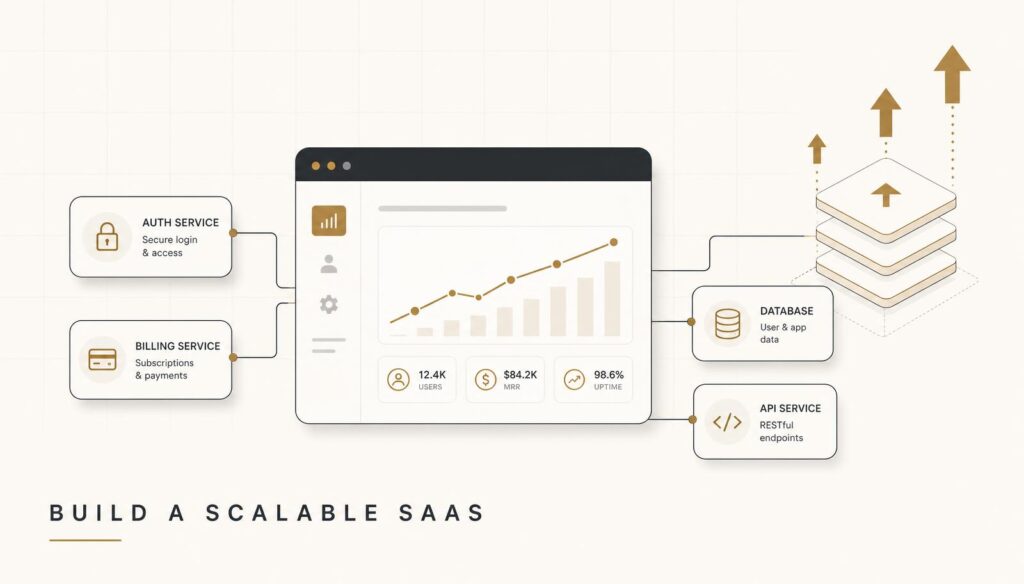 SaaS analytics dashboard connected to auth, billing, database and API service blocks with scaling arrows — scalable SaaS architecture.