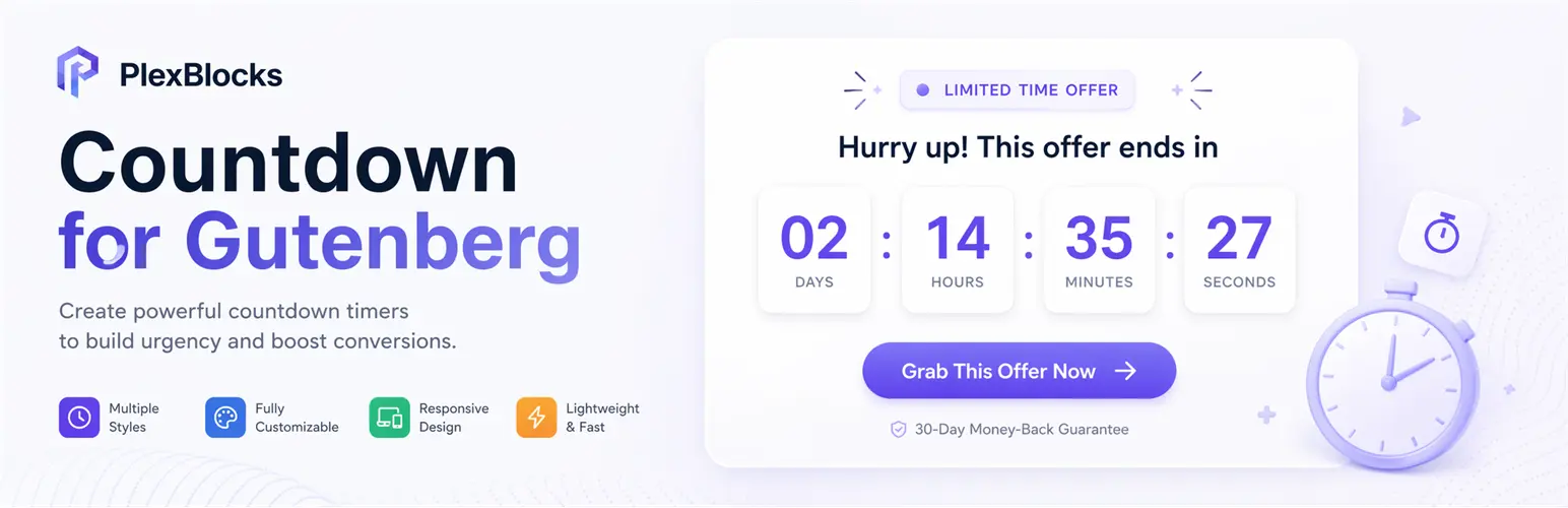 PlexBlocks Countdown for Gutenberg plugin banner featuring a customizable countdown timer block with urgency-building design, multiple styles, responsive layout, and conversion-focused call-to-action.