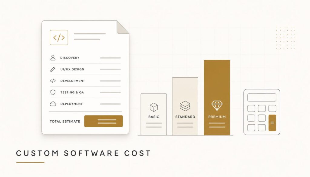 Custom software cost estimate document with discovery, design, development and QA line items beside basic, standard and premium pricing tiers.