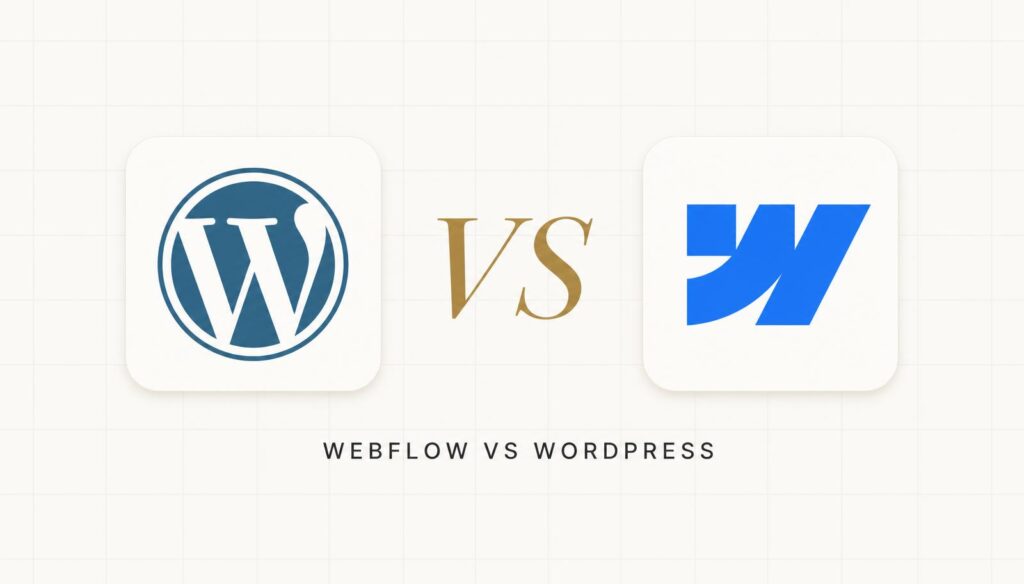 WordPress logo and Webflow logo on cards separated by a gold VS — Webflow versus WordPress platform comparison.