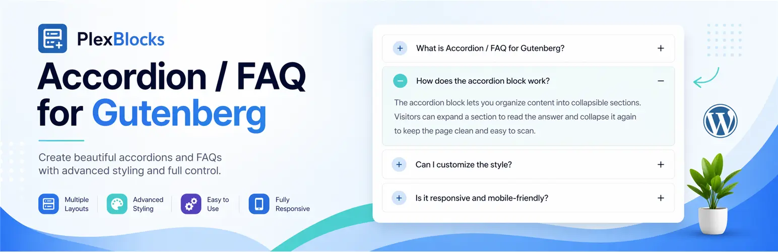 PlexBlocks Accordion FAQ for Gutenberg plugin banner showing collapsible FAQ sections with advanced styling, multiple layouts, easy customization, and responsive design.