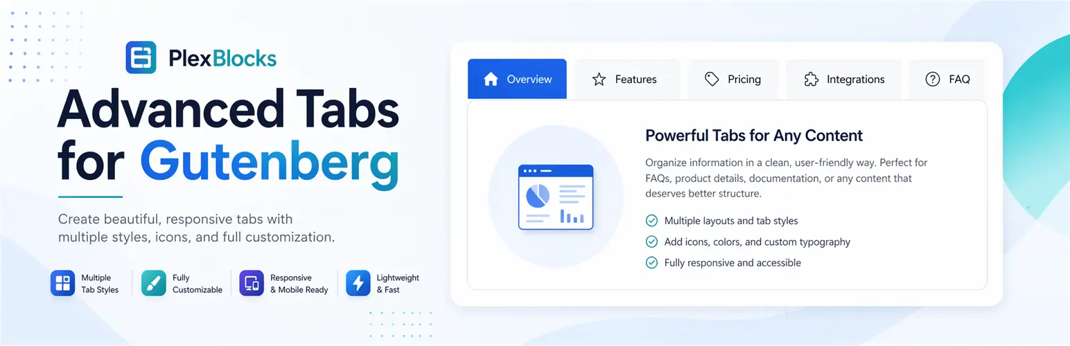 PlexBlocks Advanced Tabs for Gutenberg plugin banner displaying customizable tab layouts with multiple styles, icons, responsive design, and flexible content organization features.