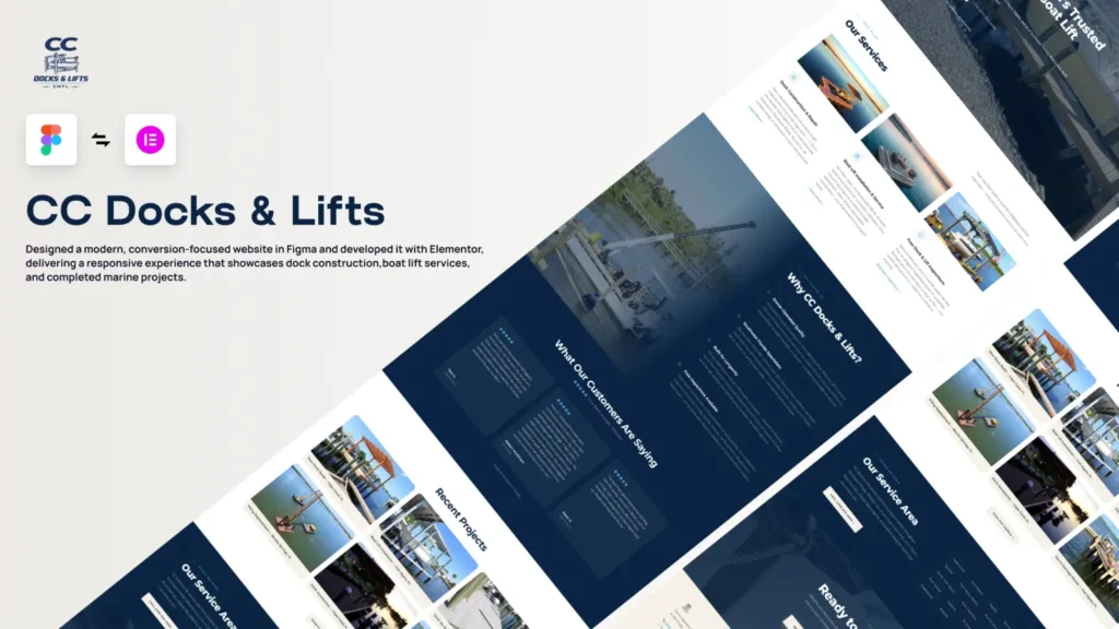 CC Docks & Lifts website designed in Figma and developed with WordPress and Elementor by ConicPlex, showcasing custom dock construction, boat lift services, marine projects, and responsive web design.