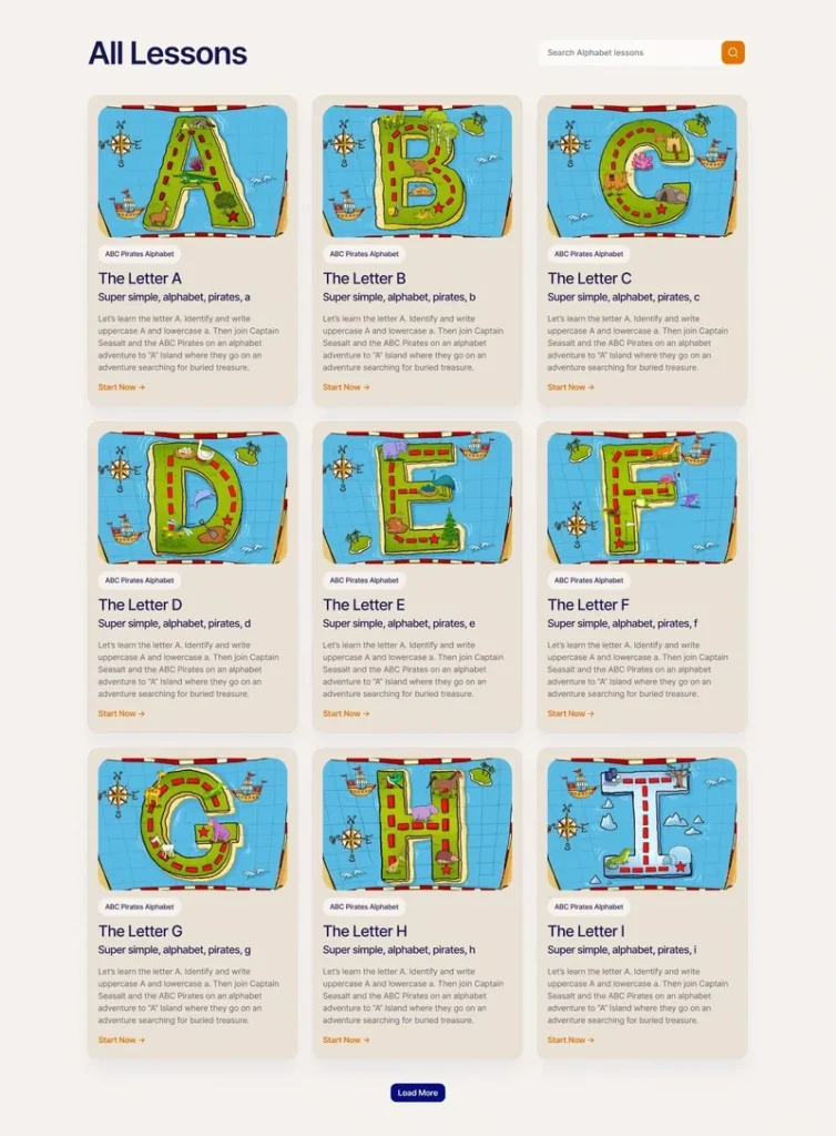 AI-powered alphabet learning lessons displayed on the ClassX online learning platform with interactive educational cards for young learners.