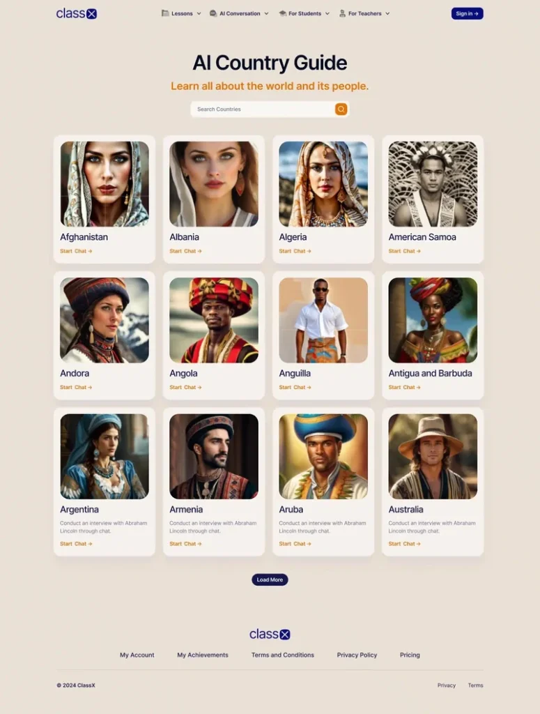 AI Country Guide on the ClassX learning platform featuring interactive country profiles and AI-powered educational conversations.