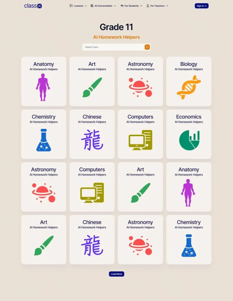 AI Homework Helper module for Grade 11 students featuring subject-based educational assistance across multiple disciplines.
