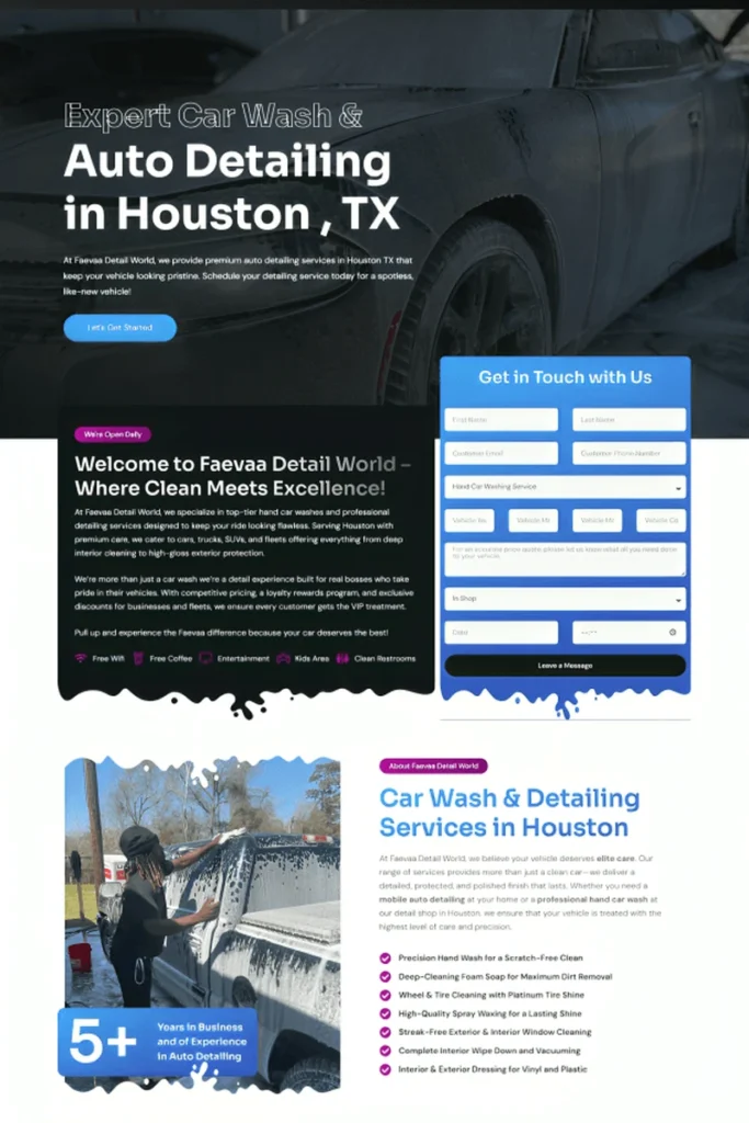 Complete responsive landing page for an auto detailing and car wash business featuring hero, booking, and services sections.