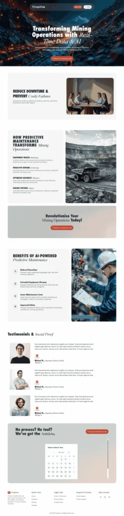 AI-powered mining operations landing page built with WordPress and Elementor, showcasing predictive maintenance and industrial analytics solutions.
