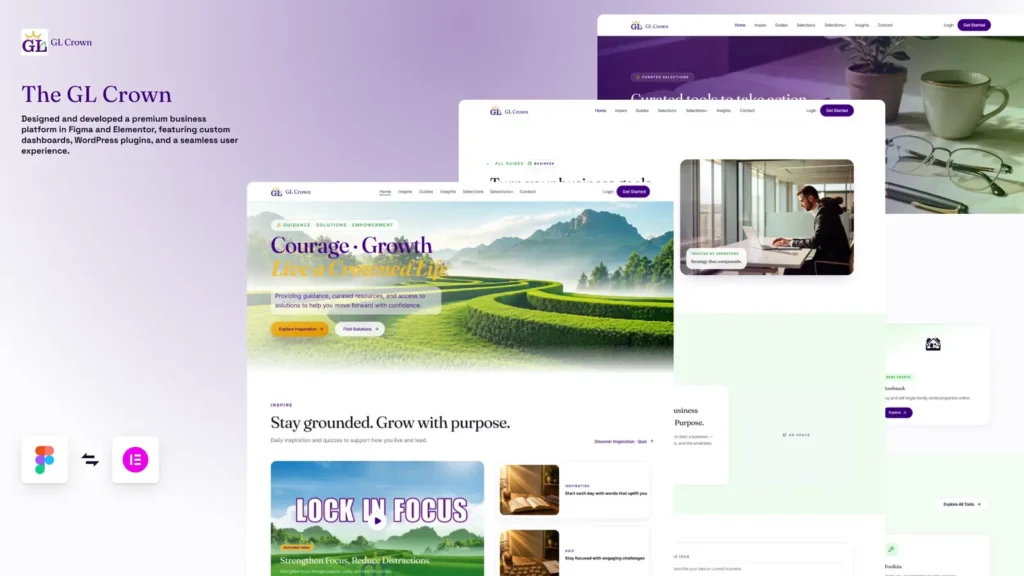 GL Crown personal growth platform website designed in Figma and developed with WordPress and Elementor by ConicPlex, featuring custom dashboards, membership functionality, and dynamic content management.