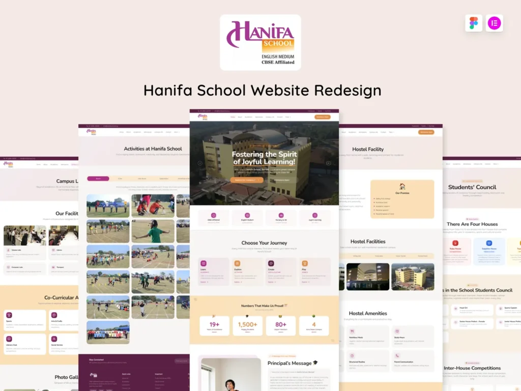 Hanifa School website redesign by ConicPlex, featuring a modern WordPress and Elementor website with responsive layouts and improved user experience for students and parents.