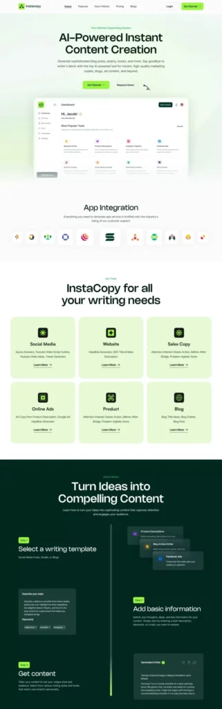 AI copywriting platform website built with WordPress and Elementor from a Figma design, showcasing AI content generation tools and writing templates.