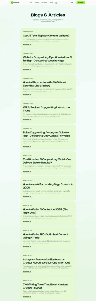 SEO-optimized AI copywriting blog archive designed with WordPress and Elementor featuring content marketing articles and AI writing guides.
