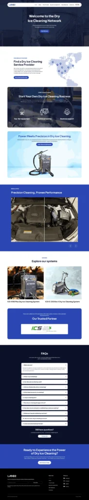 Homepage of the LABCO₂ dry ice cleaning platform featuring provider search, business opportunities, equipment showcase, FAQs, and custom business directory.