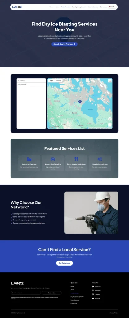 Interactive dry ice cleaning service provider directory with custom map search and business listings developed by ConicPlex.