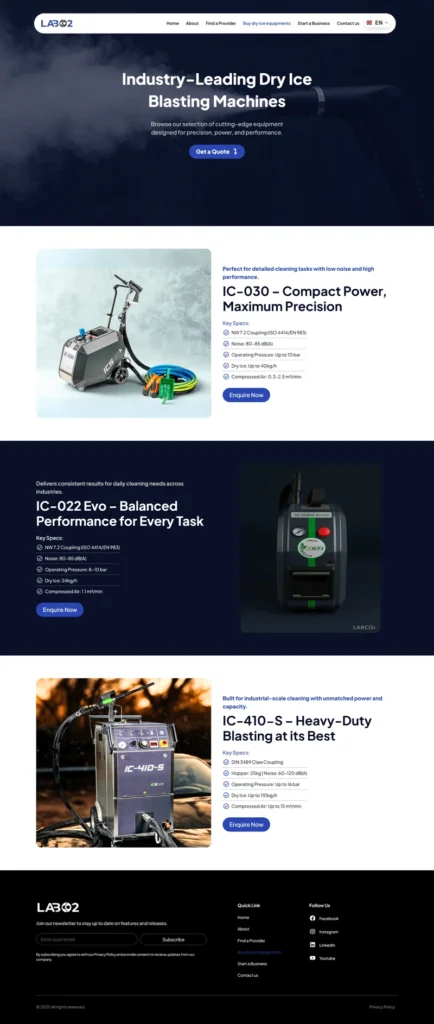Dry ice blasting equipment marketplace showcasing industrial cleaning machines with specifications and enquiry functionality.