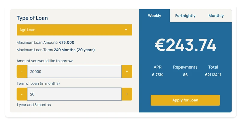 Interactive loan calculator displaying loan amount, repayment term, APR, weekly, fortnightly, and monthly repayment calculations with apply for loan button.