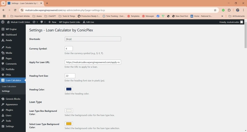 WordPress admin settings page of the Custom Loan Calculator Plugin featuring currency, loan application URL, typography, and design customization options.