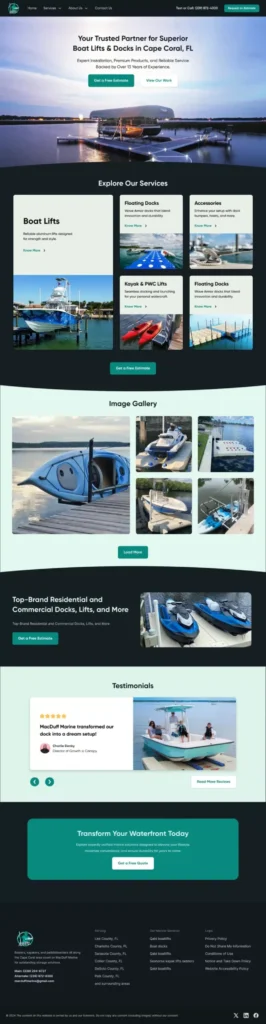 Homepage of the MacDuff Marine website showcasing boat lifts, floating docks, waterfront accessories, service highlights, image gallery, testimonials, and call-to-action sections.