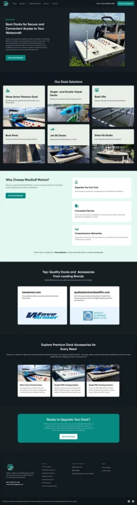 Service page displaying boat dock solutions including pontoon docks, kayak docks, jet ski docks, boat lifts, premium accessories, warranties, and marine installation services.
