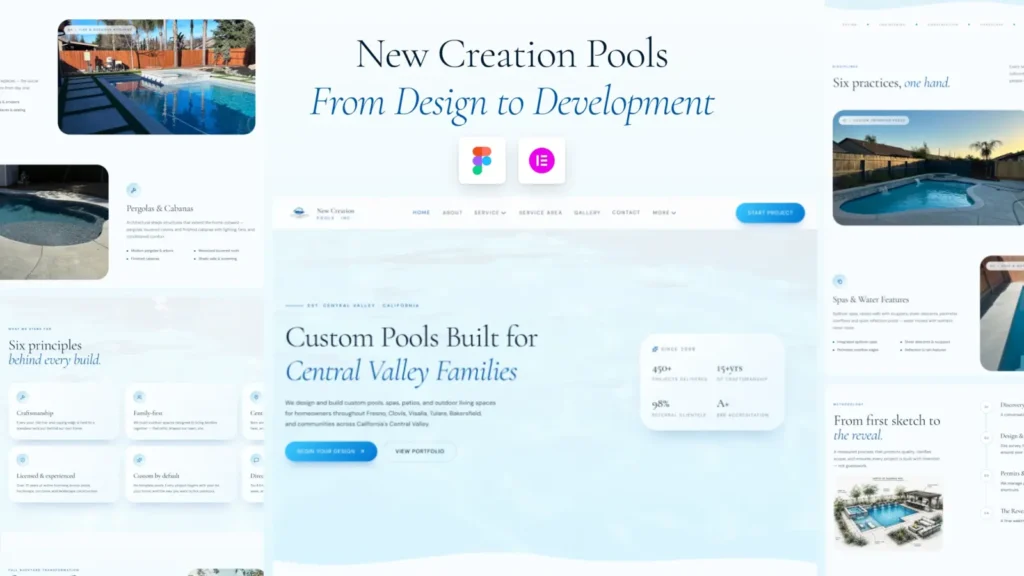 New Creation Pools website designed in Figma and developed with WordPress and Elementor by ConicPlex, showcasing custom swimming pool design, outdoor living spaces, and responsive web development.