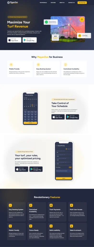 Modern landing page for PlayerZon Business showcasing sports venue management features, booking automation, pricing tools, and mobile application interface.