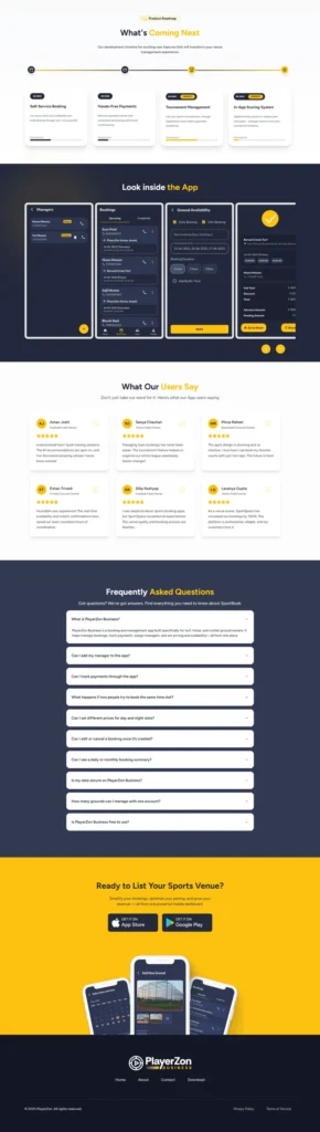 PlayerZon Business landing page displaying mobile app interface, product roadmap, customer testimonials, FAQs, and app download section.